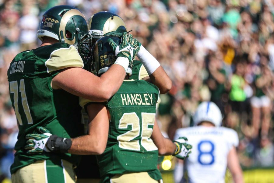 Colorado State seniors Sam Carlson and Joe Hansley celebrate a touchdown earlier this season against Air Force. (Collegian File Photo)
