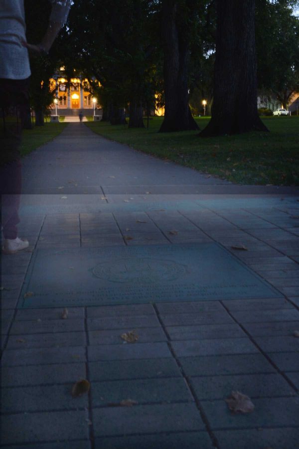 Several donor bricks sit in the middle of the sidewalk on the CSU Oval. (Photo Illustration by Megan Fischer).