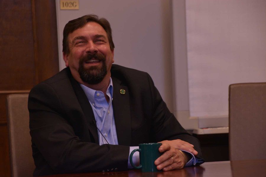 President Tony Frank talked Monday about faculty pay, the future of Hughes Stadium and his Halloween traditions. (Photo Credit: Megan Fischer)