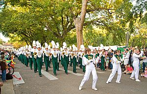 The CSU marching band leads the homecoming parade. (Photo courtesy: Colorado State University archives)