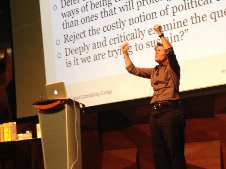 Heather Hackman discusses climate justice at Colorado State University Thursday. (Photo By: Julia Rentsch).