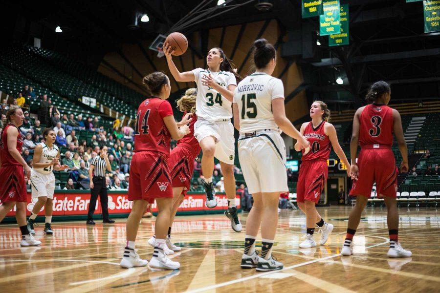Alana Arias goes up for a layup in CSU's season opener against Western State. (Photo by Ryan Arb)