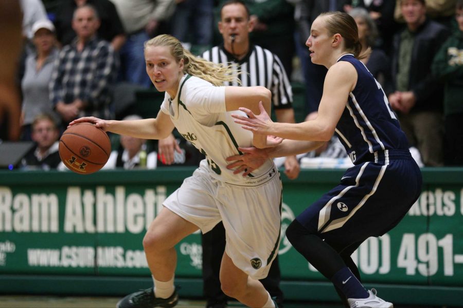 CSUs Ellen Nystrom drives past a BYU defender in Saturdays 61-55 win. Photo courtesy of CSU Athletics/Eliott Foust