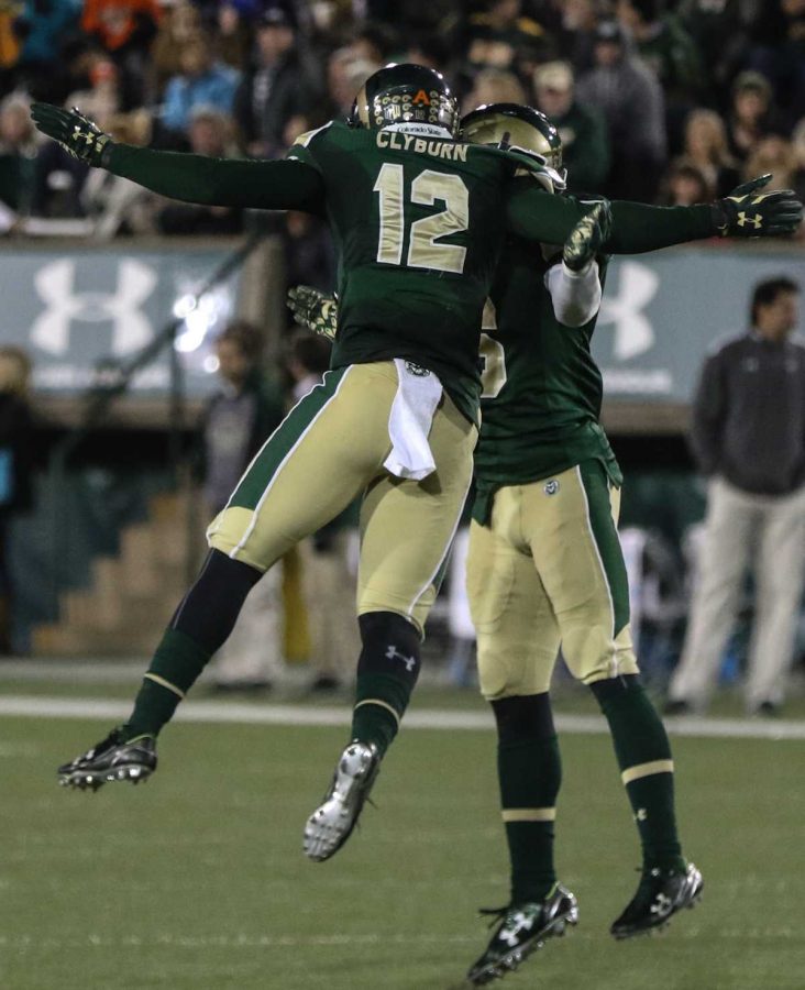 Colorado State linebacker Deonte Clyburn, (12), celebrates during the Rams' win over UNLV earlier this season. (Abbie Parr/Collegian)