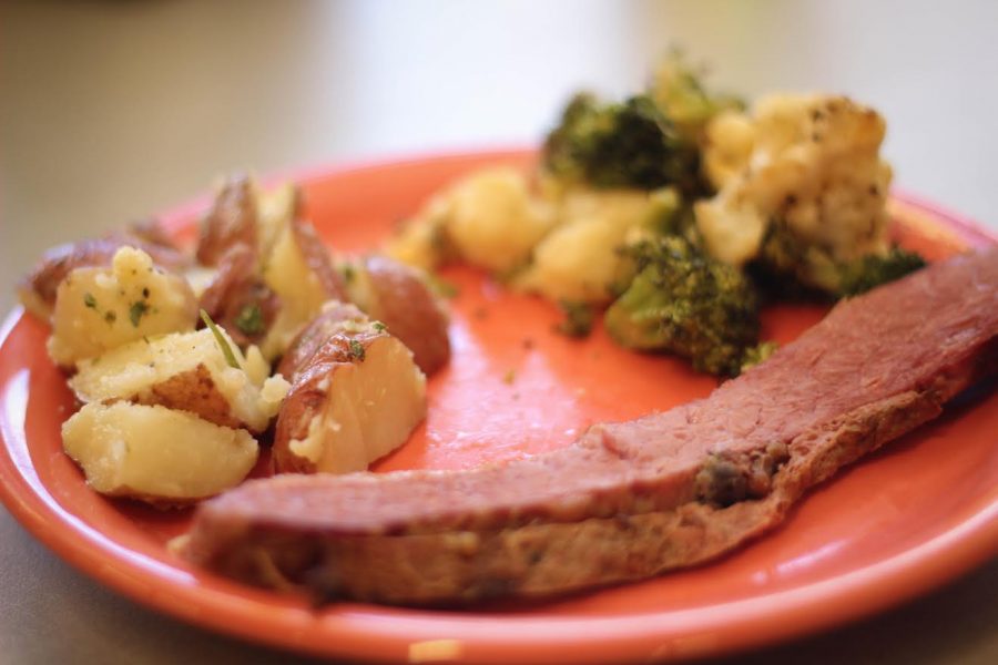 A cut of corned beef is one example of an entree that adheres to the paleo diet. Broccoli, cauliflower and roasted potatoes are great options for sides. Individuals on a paleo diet may only consume food products that a caveman would have eaten.
Photo by Jenna Fischer.