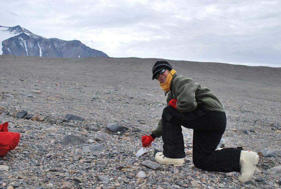 Dr. Diana Wall, director of the School of Global Environmental Sustainability, collects a soil sample near Marr Pond in Taylor Valley, Antarctica Jan. 20, 2016. Wall has been traveling to Antarctica to conduct research for more than 25 years. (Photo Courtesy of Ashley Shaw)