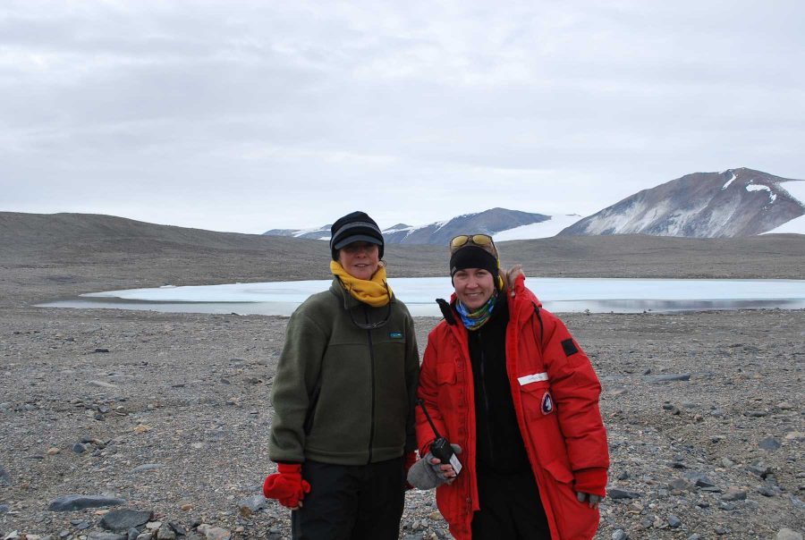 Dr. Diana Wall, director of the School of Global Environmental Sustainability, and graduate student, Ashley Shaw, near Marr Pond in Taylor Valley, Antarctica. The two were part of a team of about 12 who traveled to Antarctica to study the soil on the continent in January. (photo by: Summer Xue)