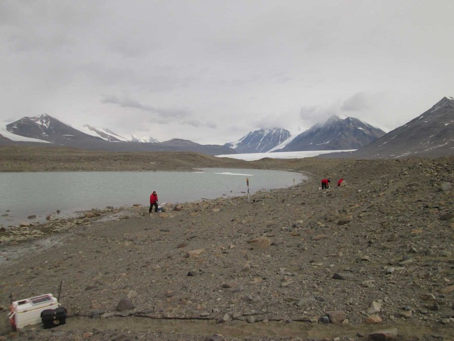 The soil team in Antarctica collects samples at an experimental site near Many Glaciers Pond in Taylor Valley, Antarctica. Four members of the soil team in Antarctica are from CSU. (photo by: Walter Andriuzzi)