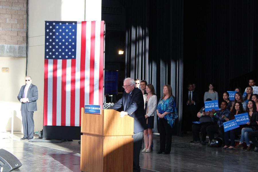 Sanders delivers his concession speech to a crowd of supporters at the Henderson Pavilion. Sanders suffered a six-point defeat to Clinton in the battle for Nevada democrats. (Photo Credit: Sady Swanson)