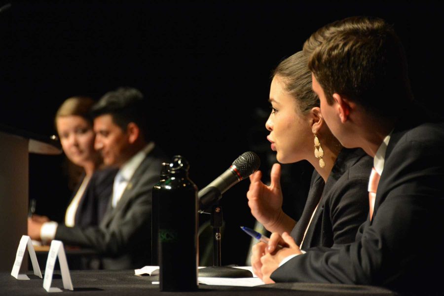 ASCSU presidential candidates talk diversity, leadership, and community at a debate in the Lory Student Center Theatre. (Photo by: Megan Fischer)