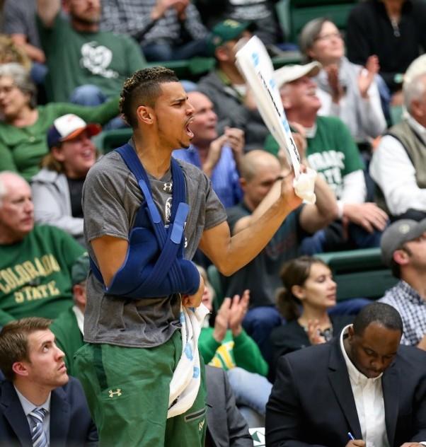 Gian Clavell cheers Colorado State on from the bench after suffering a season ending injury. (Abbie Parr/Collegian)