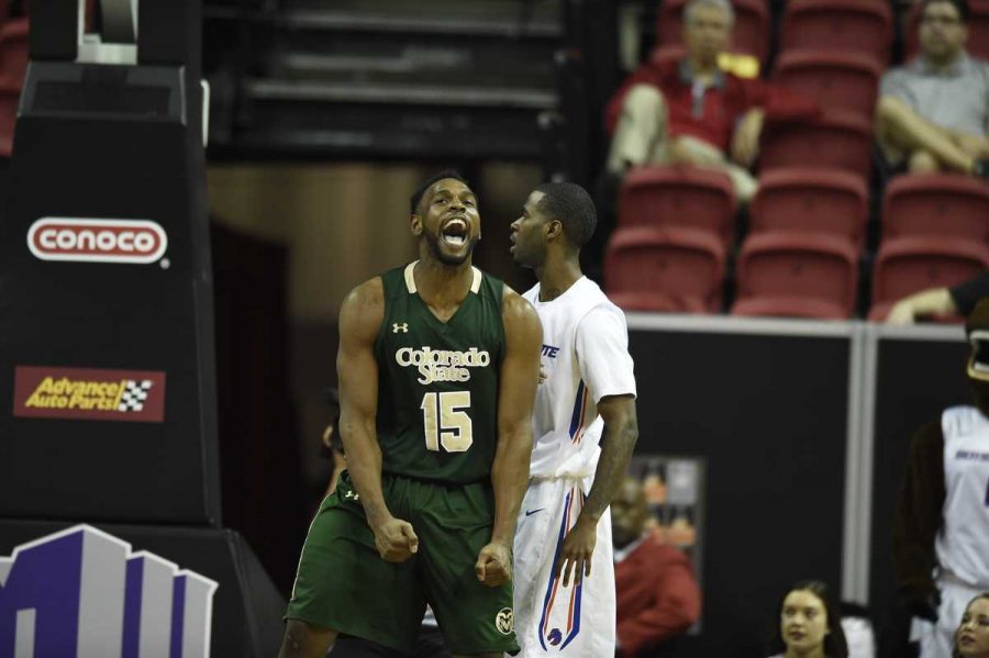 Colorado State forward Tiel Daniels celebrates during the Rams' win over Boise State on March 10. ( Justin Tafoya/NCAA Photos)