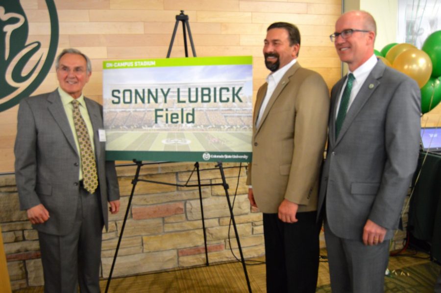 Former CSU coach Sonny Lubick (left) with CSU president Dr. Tony Frank (middle) and AD Joe Parker (right). (Emmett McCarthy/Collegian)