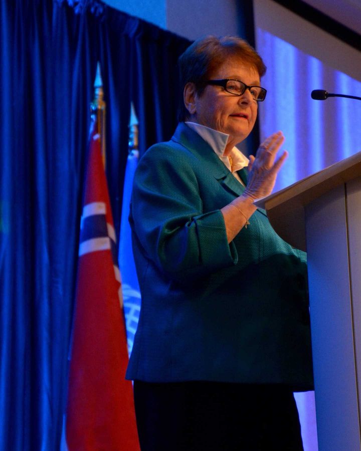 Former director-general of the World Health Organization, medical doctor and former prime minister of Norway, Gro Harlem Brundtland, spoke on health, climate change and the environment Wednesdya in the Lory Student Center. (Photo by: Megan Fischer)