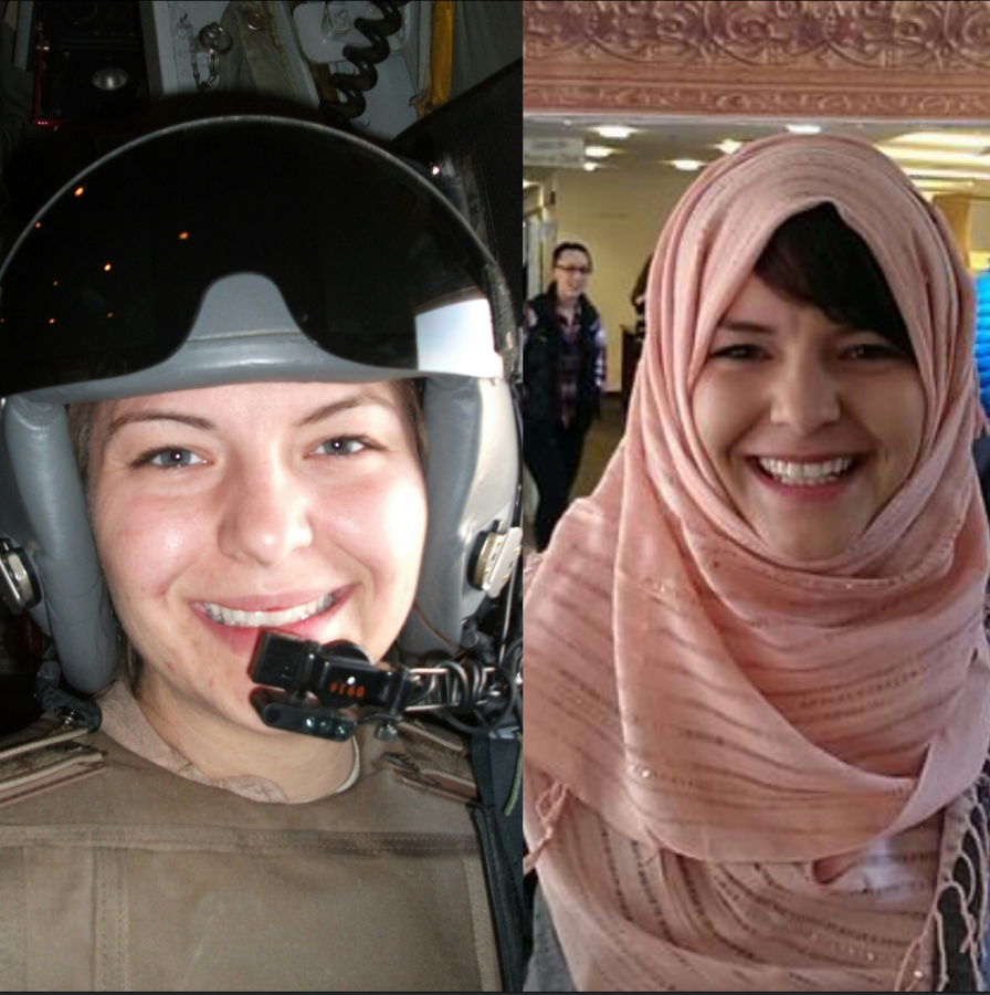 Afghanistan war veteran, Rachael Martel, returns home with the goal of clearing up misconceptions about Muslims and Islam. The photo on the left is from her 2010 deployment to Afghanistan. The photo on the right is from her participating in a Muslim Student Association event geared toward educating CSU students about Islam. Photo credit of Rachael Martel.