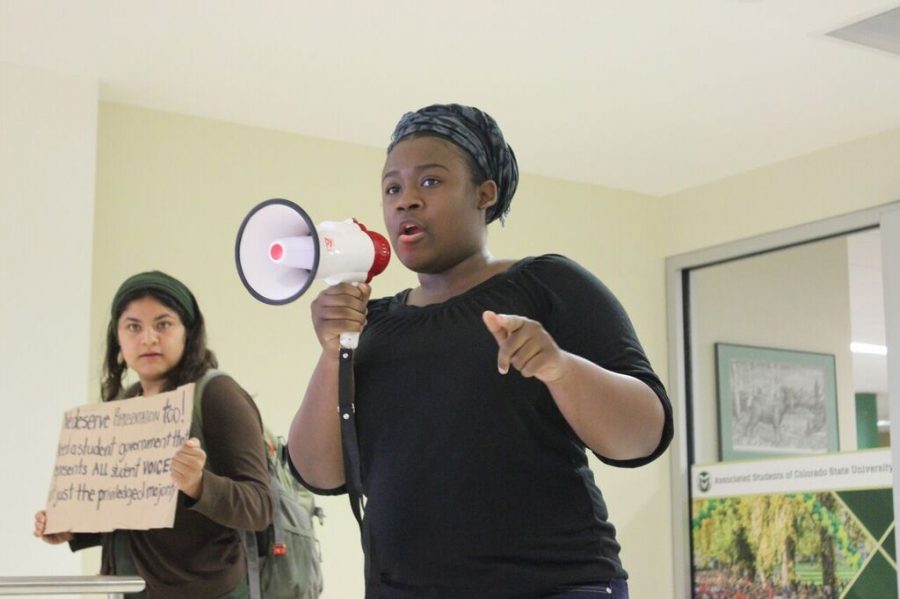 Vaniesha Gregory, a student and member of the Black African American Cultural Center, speaks in protest of the student government after an initial no vote of the Diversity Bill. (Photo: Christina Vessa)