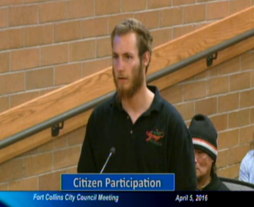 Brenton Dolph speaks at City Council April 5. Photo  courtesy of Fort Collins City Cable 14.