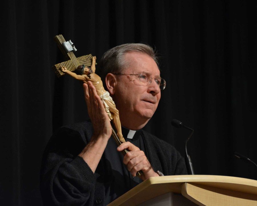 Father Gary Thomas spoke to a full ballroom on exorcisms in the 21st century Monday night. (Photo By: Megan Fischer)