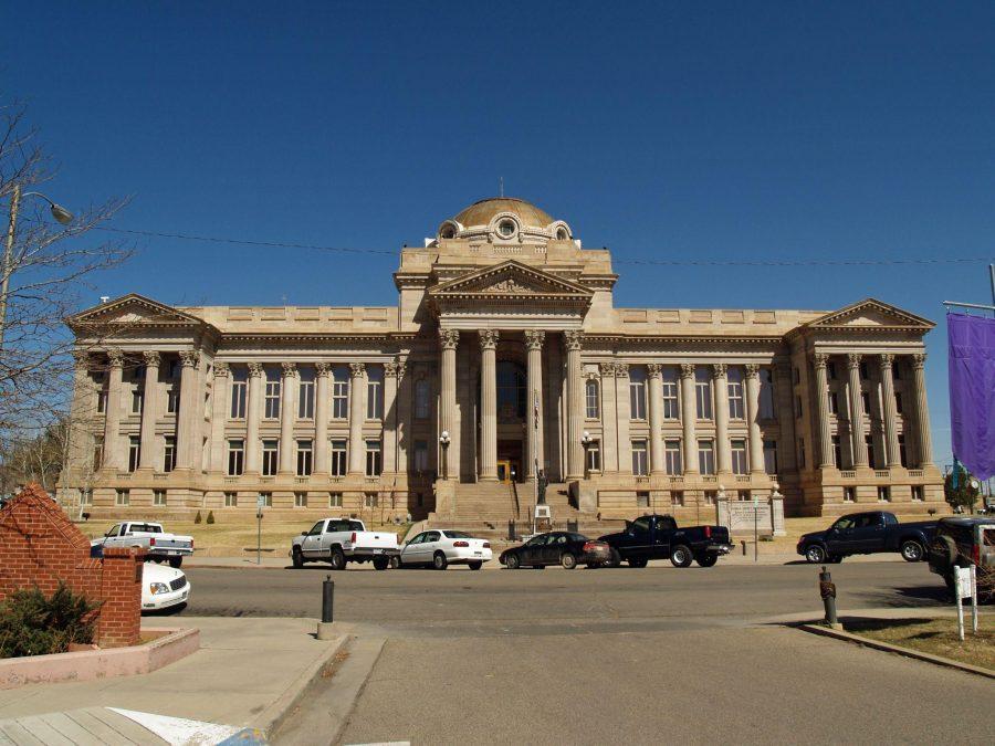 The Pueblo County Courthouse has a large brass top easily seen from Interstate 25 to the east (Photo Credit: Wikipedia).