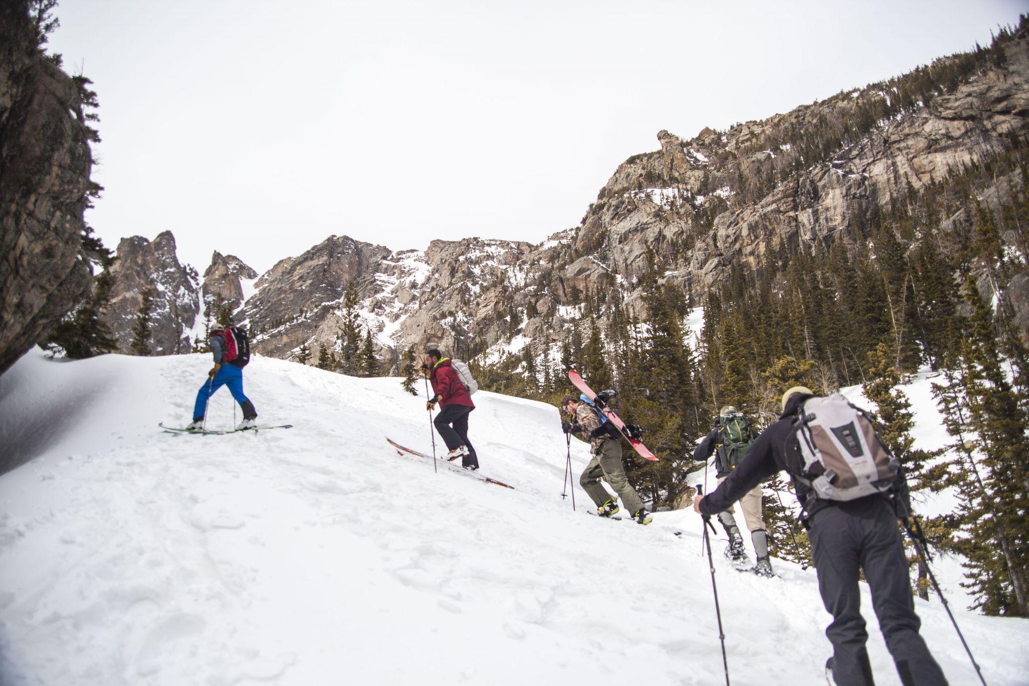 Demonstrating proper skinning techniques in steep terrain. Photo: Nevin Fowler