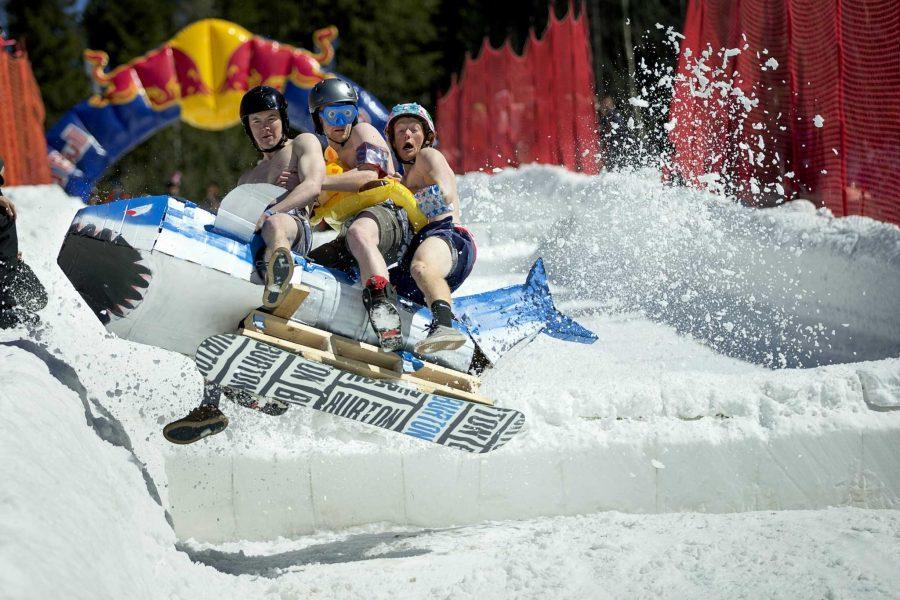 Colorado State University students Reid Fowler, Scott Moore and Steve Garrison fly down the course on the sled Shark Attack. (Photo credit: Daniel Milchev/ Red Bull Content Pool)