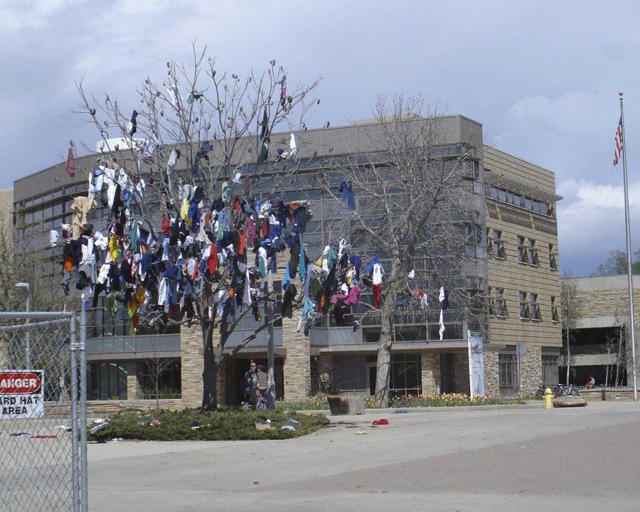 Clothing left in a tree sits unattended two days after the 2013 Undie Run at Colorado State University. CSUs Public Safety Team sent an email out to the university encouraging students not to participate in the 2016 Undie Run, now known as the BARE run (Photo By: Megan Fischer)