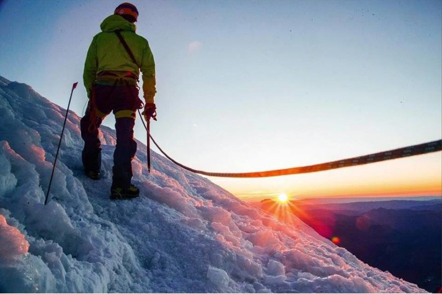 A climber on Mount Rainier using a single 9.2mm rope. (Photo By: Nevin Fowler)