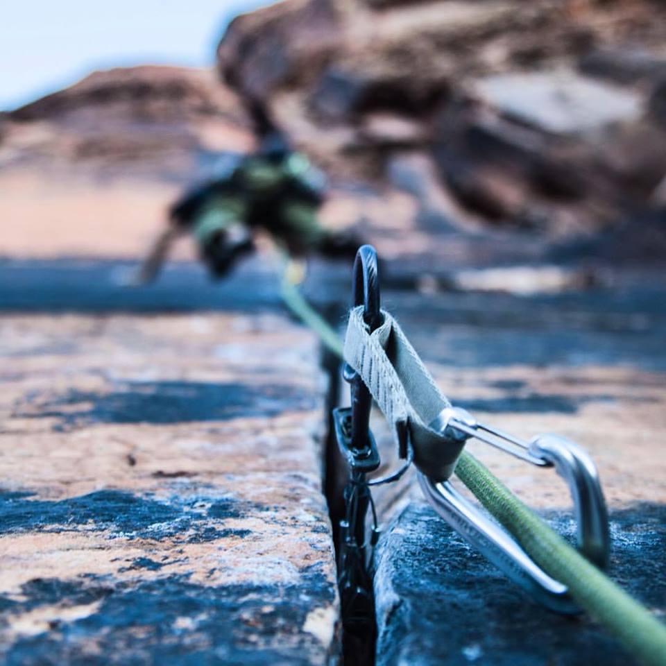 A climber using a single rope in Red Rocks. (Photo by: Nevin Fowler)