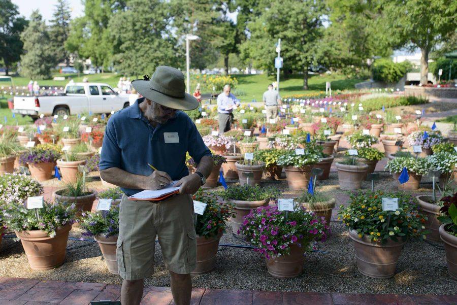Jim Carroll, Master Gardener, takes notes during evaluation day at Colorado State University Trial Garden on August 2nd, 2016 (Luke Walker/ Collegian).