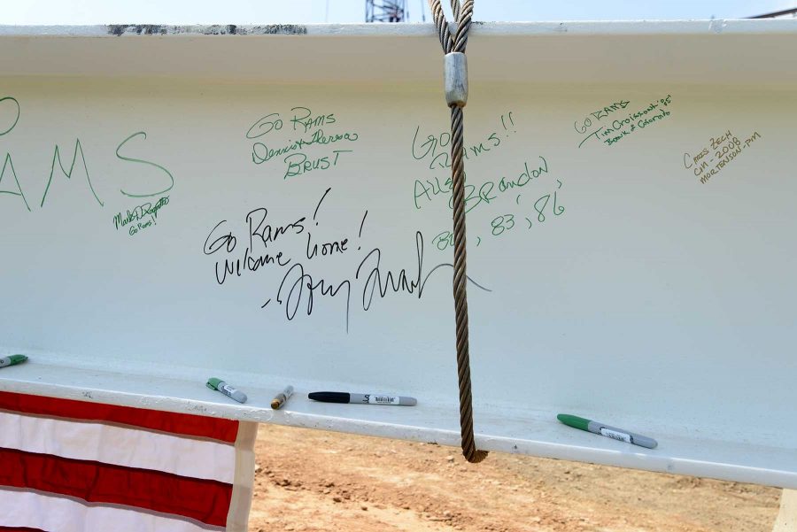 Tony Frank's signature on the final beam before it is lifted into place at the new on campus stadium on August 2nd, 2016 (Luke Walker/ Collegian).