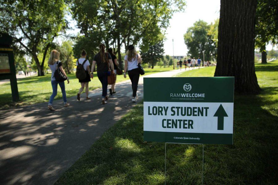 Colorado State University freshmen walk past a directional sign pointing towards the Lory Student Center on Friday afternoon during their first weekend at Colorado State University as students. Photo credit: Forrest Czarnecki