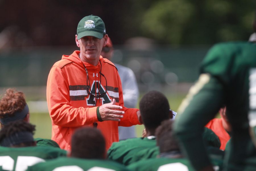 Coach Bobo addresses the team at the end of the Media Practice on August 10, 2016. (Natalie Dyer / Collegian)