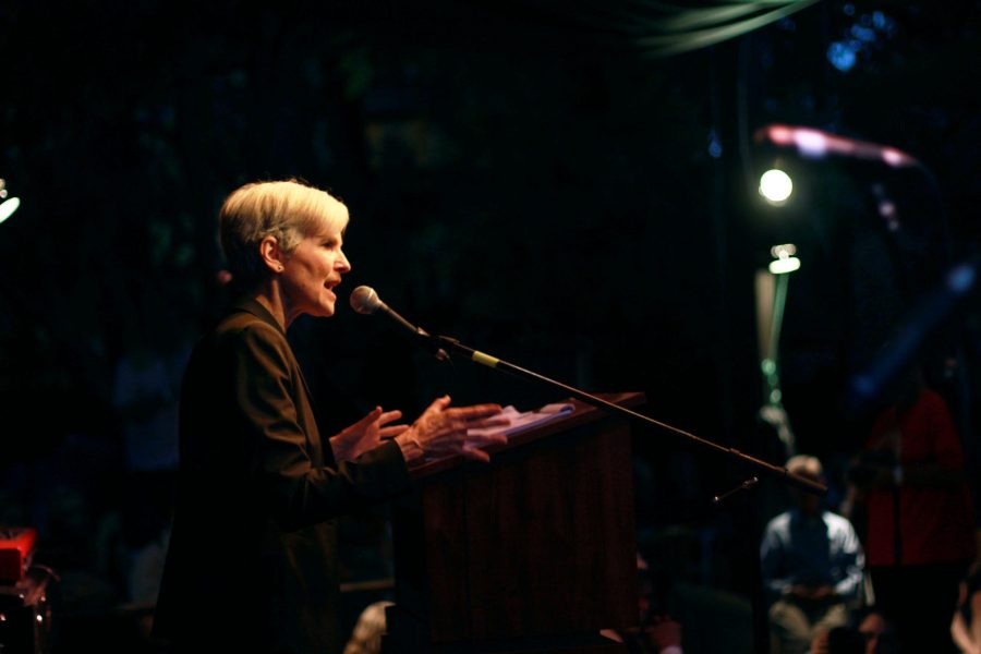 Green party candidate, Jill Stein, spoke to a max capacity crowd in the backyard of Avagadros Number Saturday evening. She discussed policies and topics concerning student debt, equality, fracking and peace in the Middle East. Photo credit: Natalie Dyer