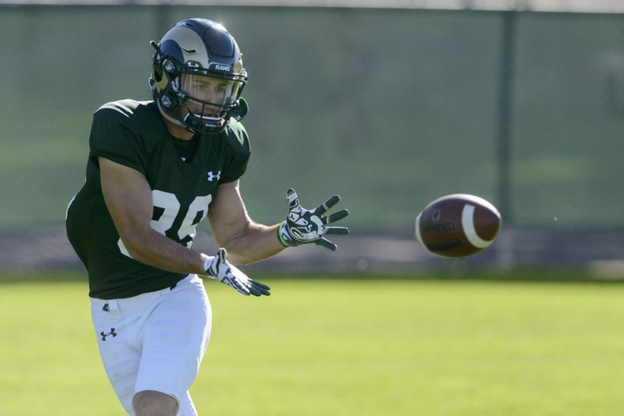 Colorado State University Wide Receiver Robert Ruiz (89) catches a pass at practice on September 27th, 2016 (Luke Walker | Collegian).