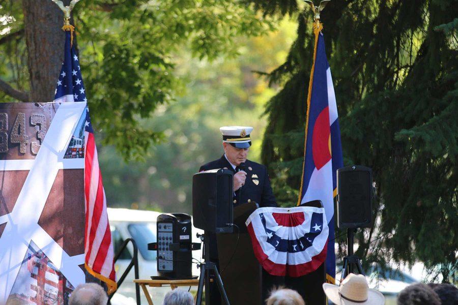 Poudre Fire Authority Battalion Chief speaks at a ceremony marking the 15th Anniversary of the 9/11 Attacks in New York City. (Elliott Jerge | Collegian)