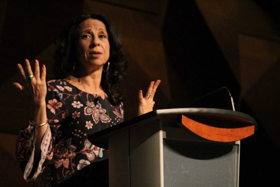 Maria Hinojosa speaks at the Diversity Symposium Sept. 20. We know in high schools today there are walls being built, Hinojosa said. Photo credit: Tony Villalobos May