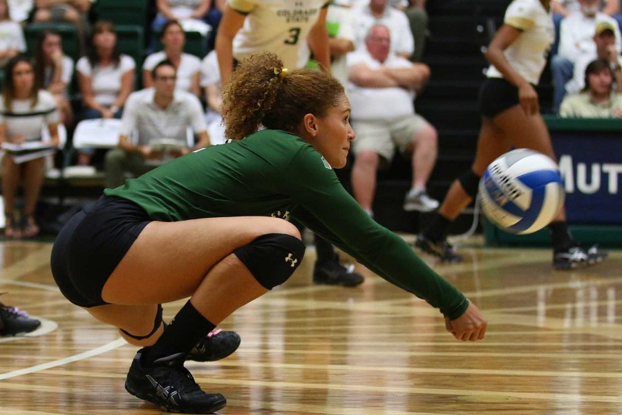 Senior Cassidy Denny (2) digs a ball against The University of Texas. (Elliott Jerge | Collegian)