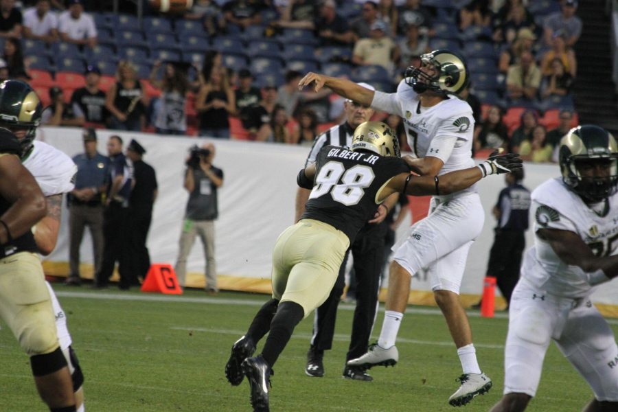 Quarterback Nick Stevens hit on a throw during the 2016 Rocky Mountain Showdown. The Rams lost 44-7. (Javon Harris | Collegian)
