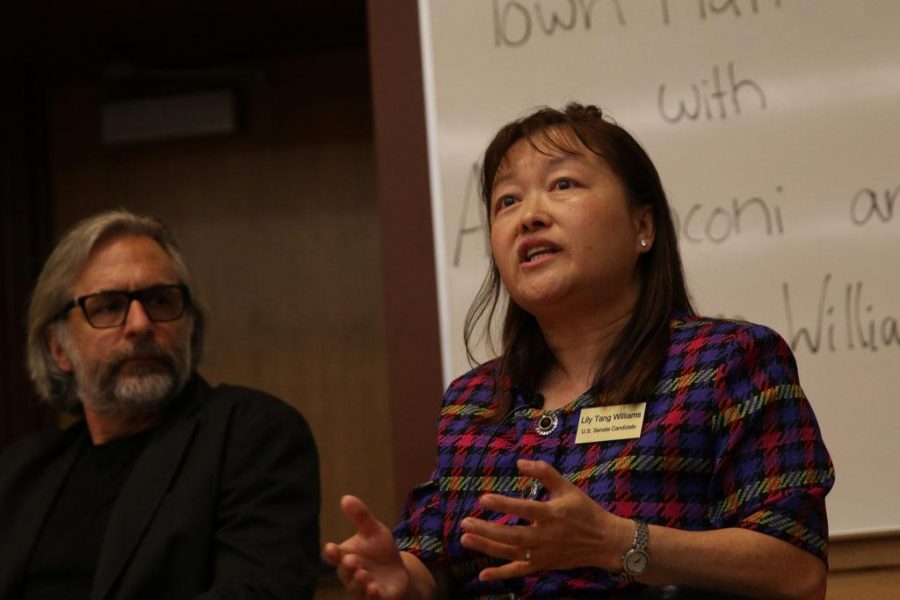 Libertarian Party Candidate Lily Tang Williams who is running for a US Senate Seat takes part in a Town Hall with Arn Menconi on the CSU Campus. (Elliott Jerge | Collegian)