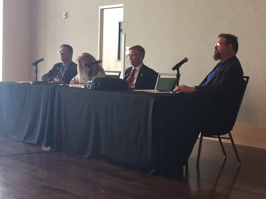(left to right) Senator Jerry Sonnenberg, Senator Vicki Marble, Senator Kevin Lundberg, Senator Kevin Grantham on the panel for the Colorado Elections Study Group at the Lory Student Center on Sept. 24 (Rachel Telljohn l Collegian)
