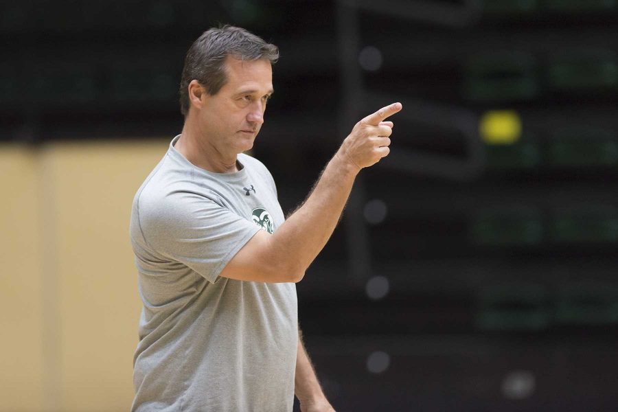 Coach Tom Hilbert points towards a player at practice in Moby Arena on October 12th, 2016 (Luke Walker | Collegian).