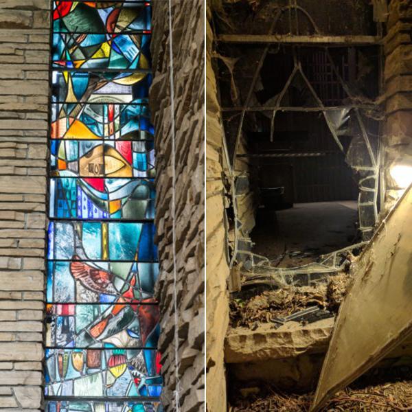 Left: The floor-to-ceiling stained glass window depicting "The Genesis." Right: The damage after Saturday night's break-in. Photos courtesy of CSU SOURCE.