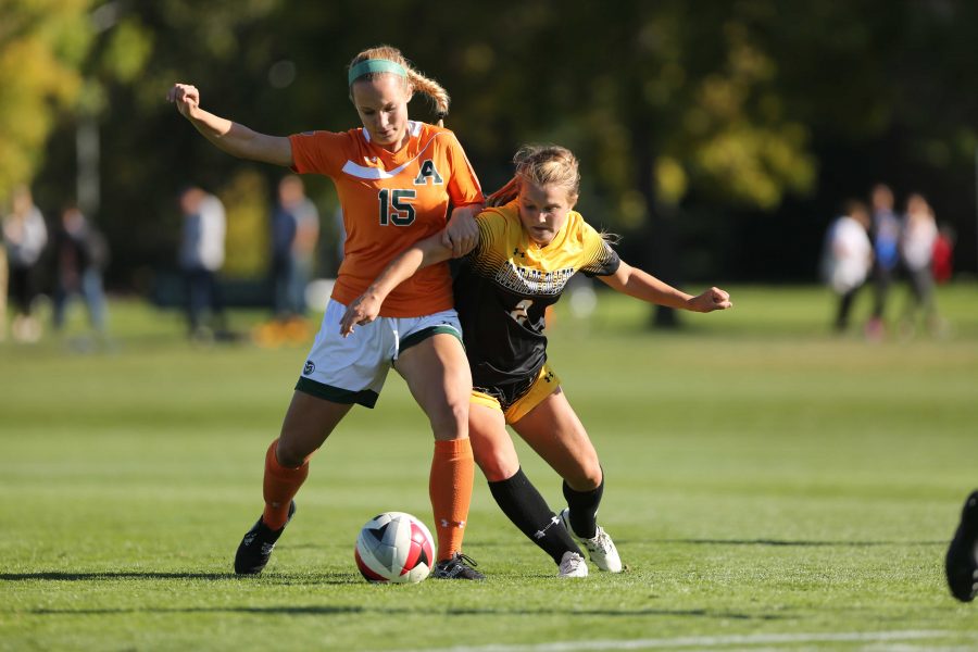 Colorado State University's Madisann Relph (15) fights against Colorado College's Lauren Milliet (2) for possession of the ball during the second half of the game on Friday afternoon at the Lagoon Field. The Rams were beat by the Tigers 2-0. (Forrest Czarnecki | Collegian)
