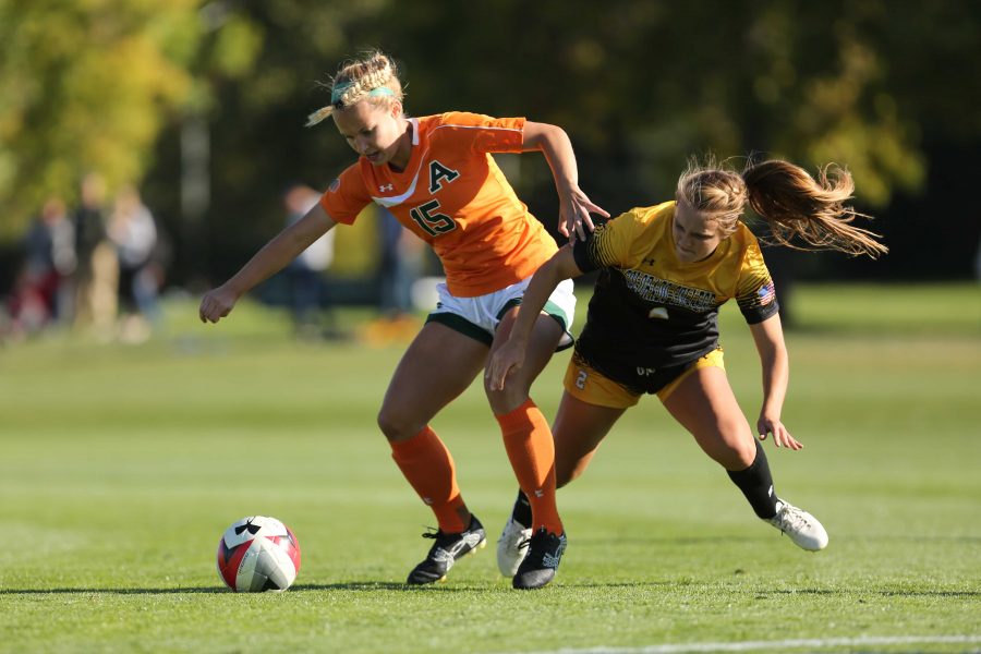 Colorado State University's Madisann Relph (15) fights against Colorado College's Lauren Milliet (2) for possession of the ball during the second half of the game on Friday afternoon at the Lagoon Field. The Rams were beat by the Tigers 2-0. (Forrest Czarnecki | Collegian)