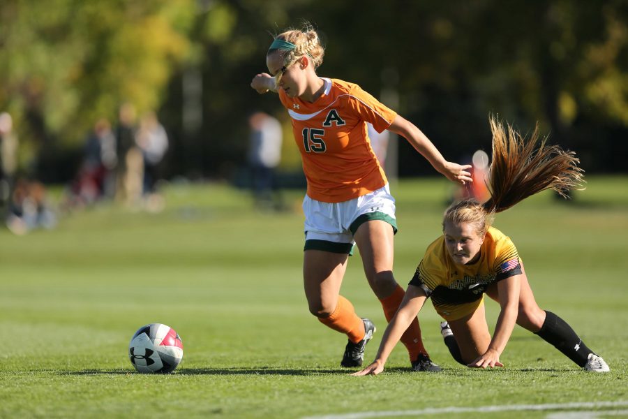 Colorado State University's Madisann Relph (15) fights against Colorado College's Lauren Milliet (2) for possession of the ball during the second half of the game on Friday afternoon at the Lagoon Field. The Rams were beat by the Tigers 2-0. (Forrest Czarnecki | Collegian)