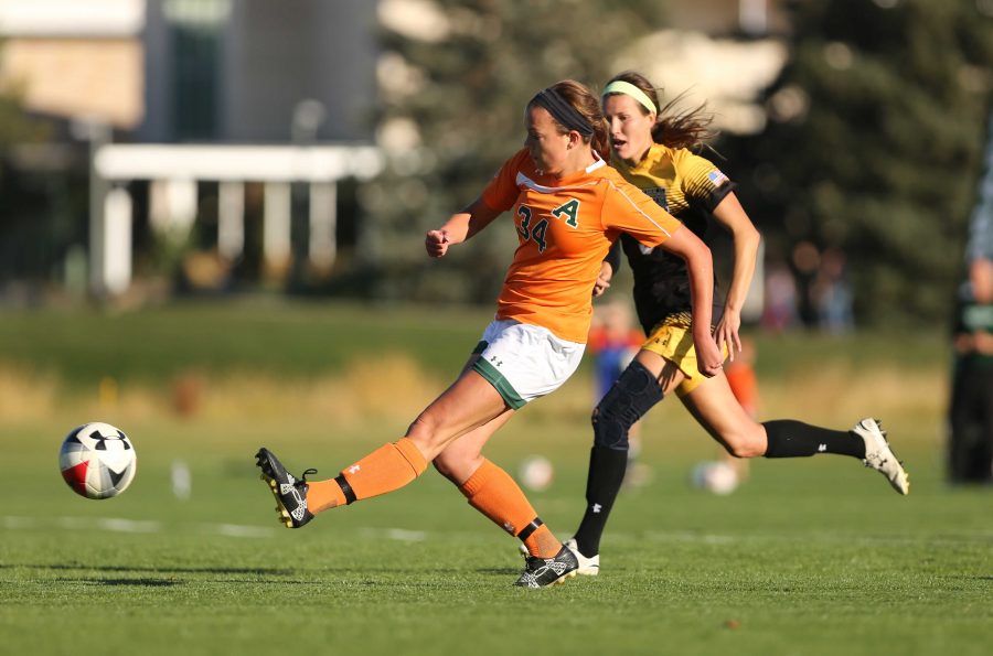 Colorado State University's Gianna Marconi (34) kicks the ball upfield during the second half of the game on Friday afternoon at the Lagoon Field. The Rams were beat by the Tigers 2-0. (Forrest Czarnecki | Collegian)