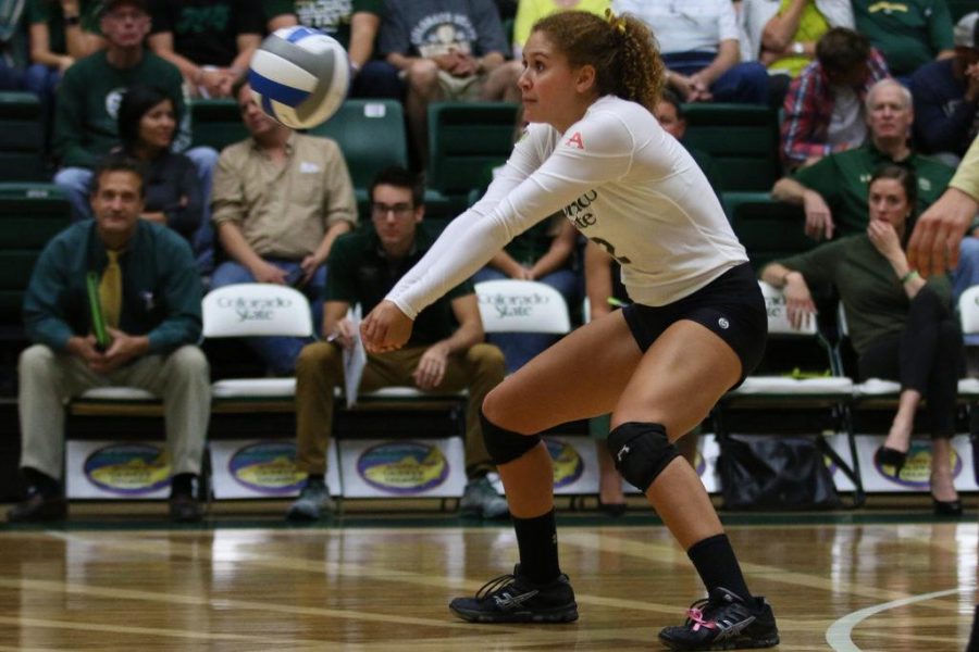 Senior Cassidy Denny bumps a ball during CSU match against New Orleans State. (Elliott Jerge | Collegian)