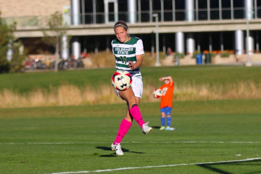 CSU Sophomore Kaija Ornes sends a ball right towards the San Diego State net missing by inches in the final minute of the game on October 21 , 2016. (Elliott Jerge | Collegian)