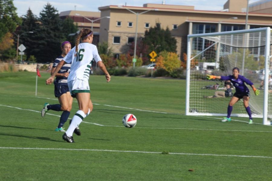 Jessica Jochhelm (16) drives for the goal against Nevada Photo credit: Ryan Arb