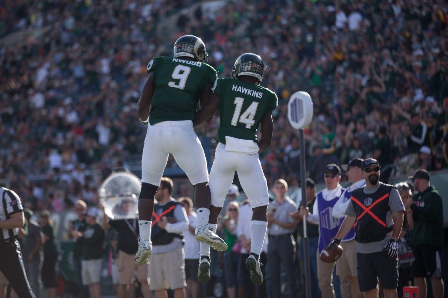 Anthony Hawkins celebrates his touchdown with Danny Nwosu. (Trevor Capozza | Collegian)